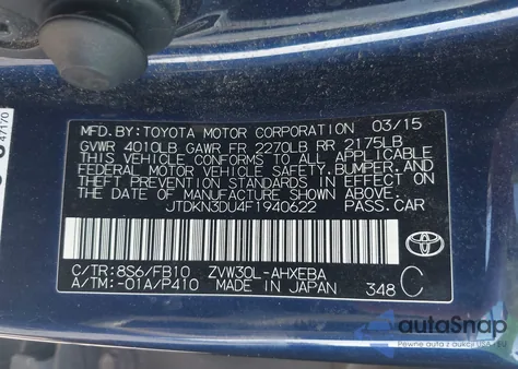 2015 Toyota Prius Two z USA, uszkodzony, nr VIN JTDKN3DU4F1940622